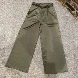Garcia Olive Green Silk Wide-Leg Trousers Size Medium